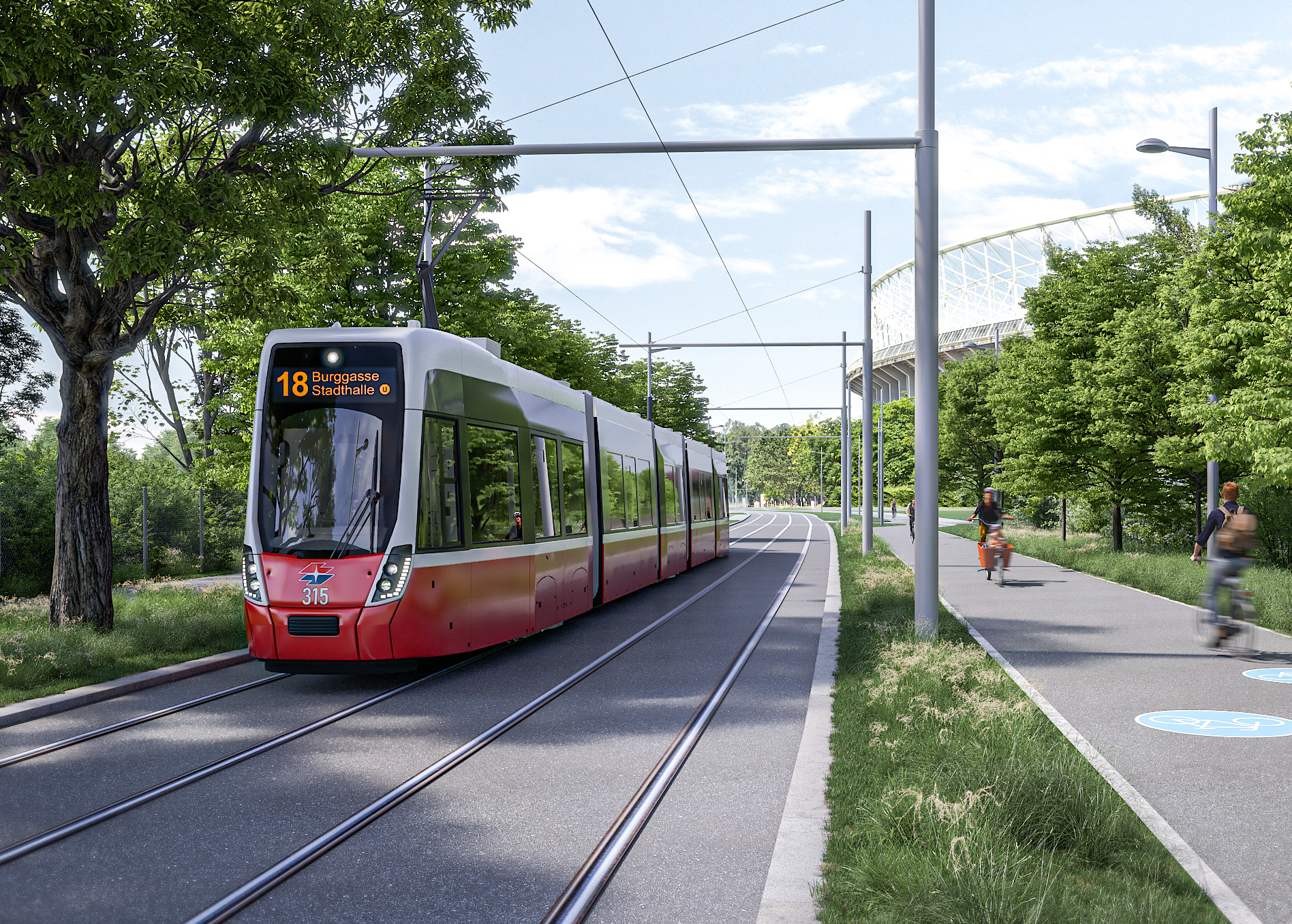 So soll die Straßenbahn 18 in der Meiereistraße nach Fertigstellung aussehen. Bild: ZOOMVP Stadt Wien