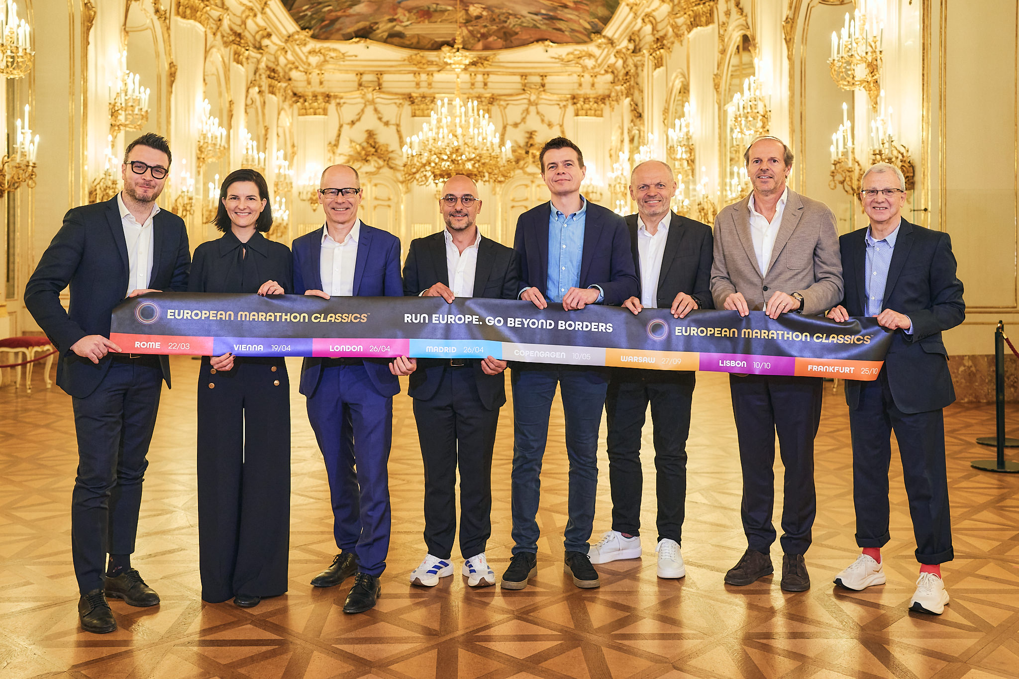 Eight race directors at the launch of the European Marathon Classics in Schönbrunn Palace in Vienna. Picture: EMC / Roman Pfeiffer