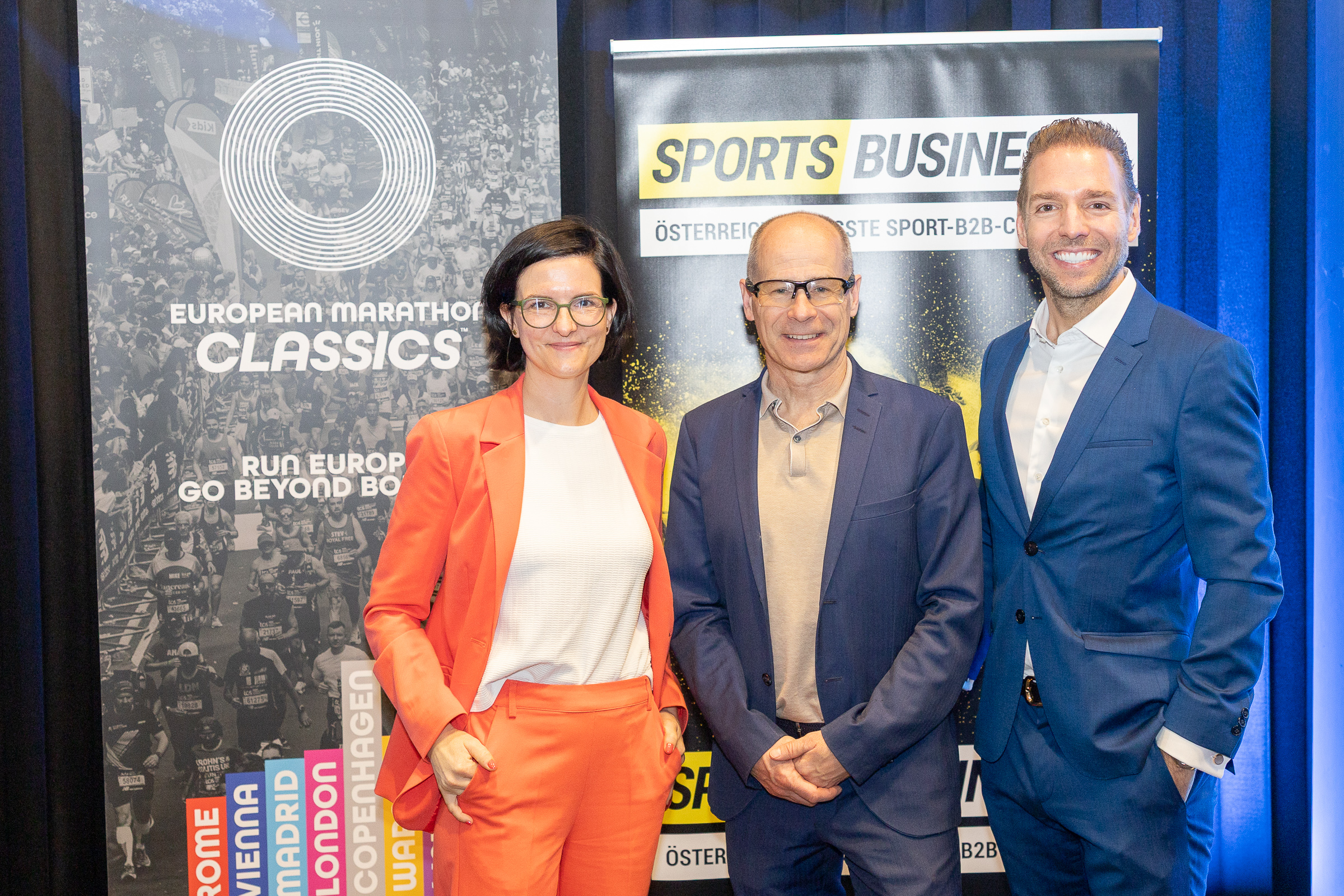 Kathrin Widu, VCM Group, Hugh Brasher, London Marathon Events, Moderator Ronny Leber. Bild: sportsbusiness.at / Rene Brunhölzl
